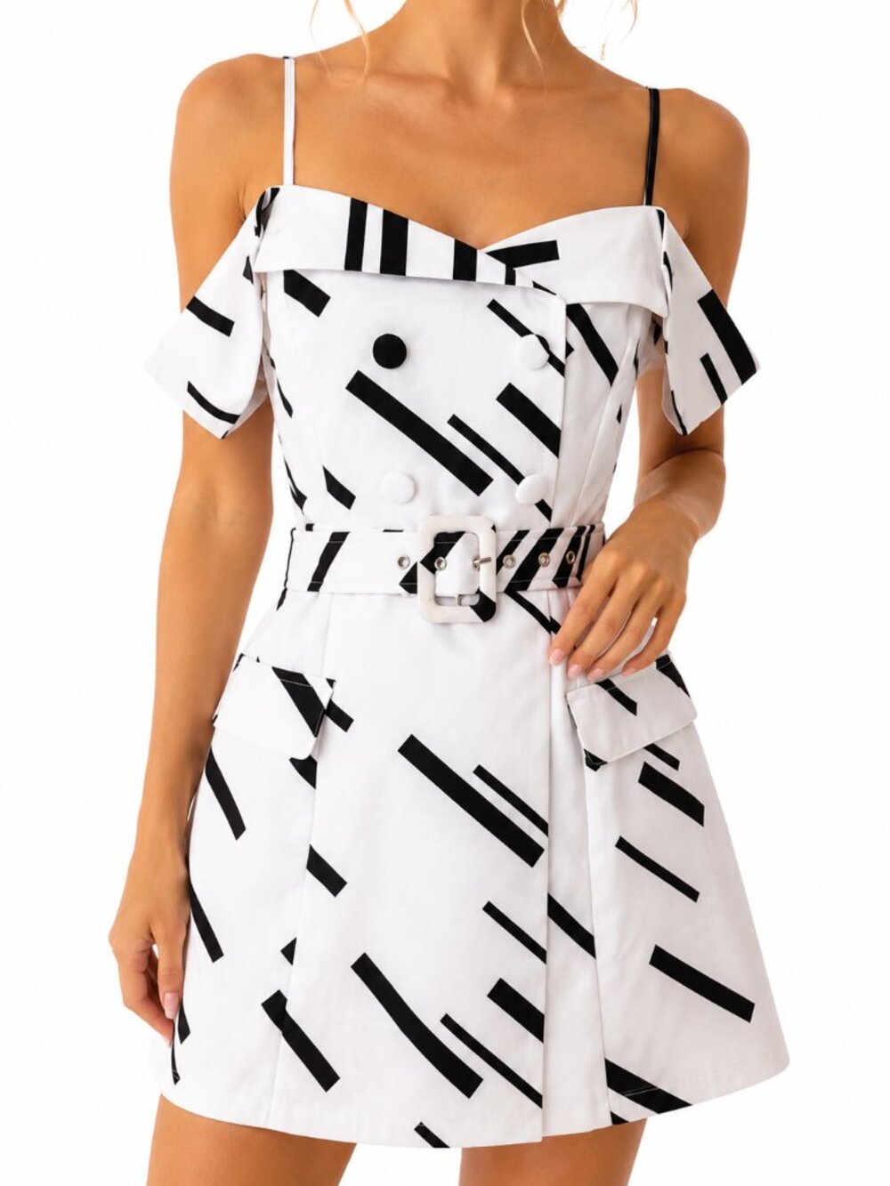 A Peach Black White Geometric Print Off-Shoulder Belted Mini Dress M